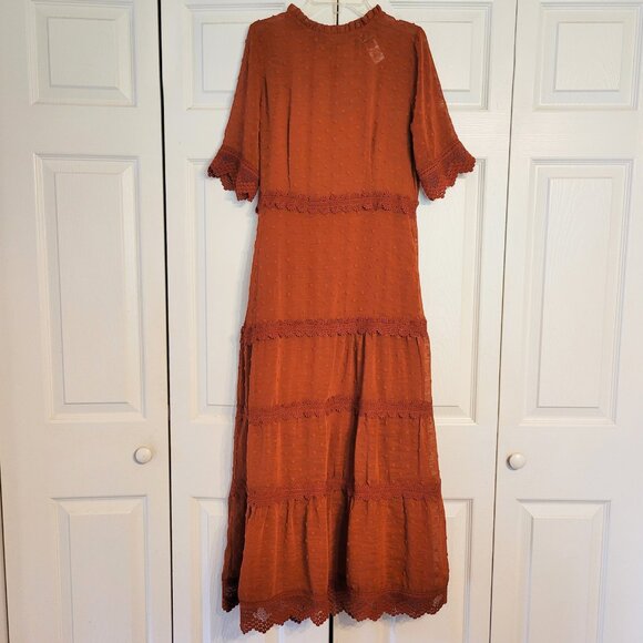 Lulu's Dreaming of You Rust Orange Swiss Dot Midi Dress - Picture 2 of 7